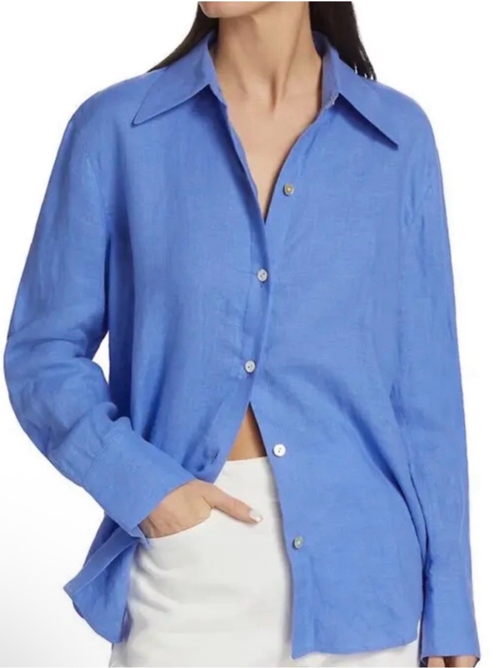 Vince Womens 100% Linen Button Down Shirt M Blue Long Sleeve Coastal Preppy FLAW